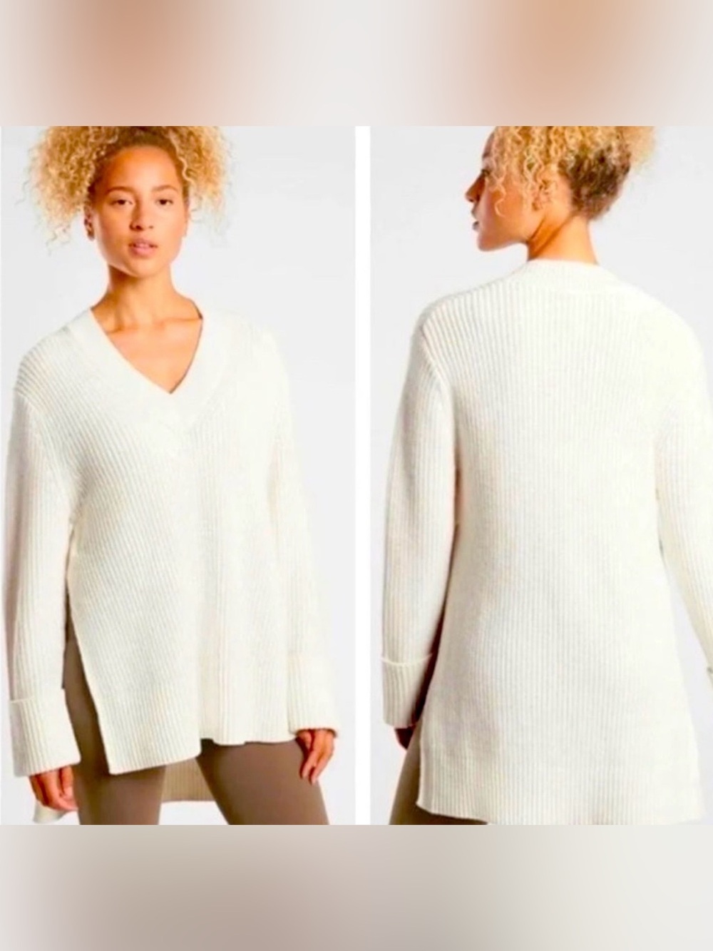 Athleta Oversized Cream v Neck Sweater